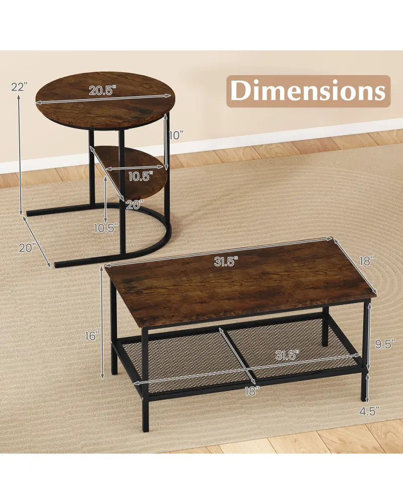 Coffee Table 2-Tier Rectangle Coffee Table and Side End Table with Storage Shelves-Rustic Brown - Rustic Brown - Coffee