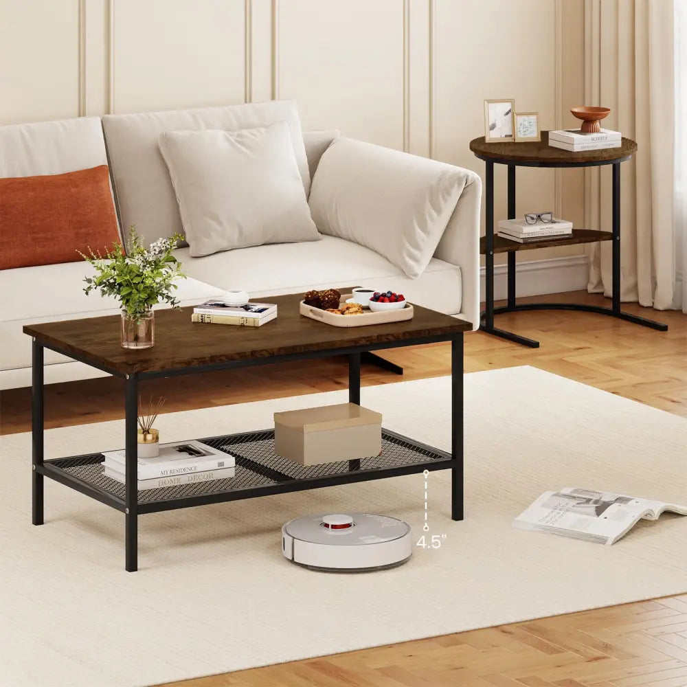 Coffee Table 2-Tier Rectangle Coffee Table and Side End Table with Storage Shelves-Rustic Brown - Rustic Brown - Coffee