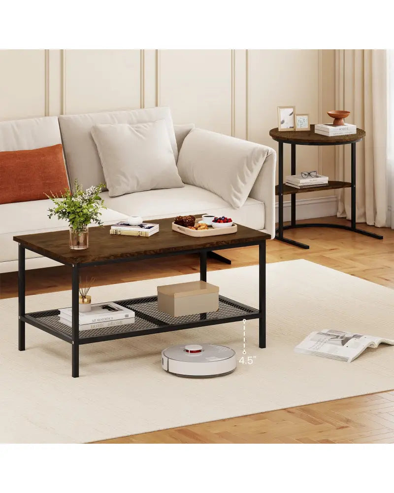 Coffee Table 2-Tier Rectangle Coffee Table and Side End Table with Storage Shelves-Rustic Brown - Rustic Brown - Coffee