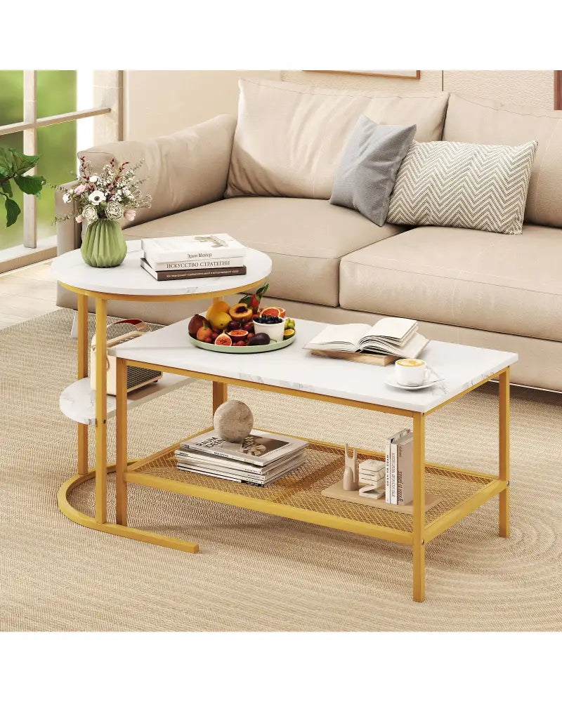 Coffee Table 2-Tier Rectangle Coffee Table and Side End Table with Storage Shelves-White and Golden - White & Golden