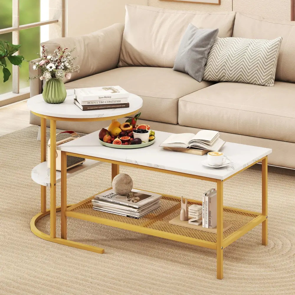 Coffee Table 2-Tier Rectangle Coffee Table and Side End Table with Storage Shelves-White and Golden - White & Golden