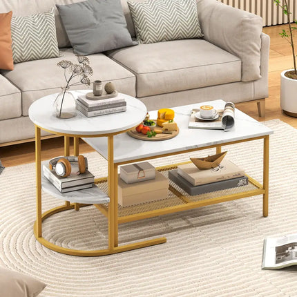 Coffee Table 2-Tier Rectangle Coffee Table and Side End Table with Storage Shelves-White and Golden - White & Golden
