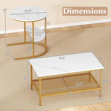 Coffee Table 2-Tier Rectangle Coffee Table and Side End Table with Storage Shelves-White and Golden - White & Golden