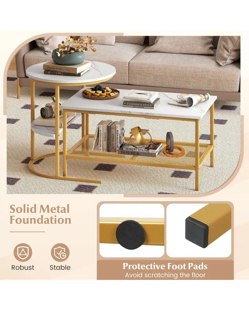 Coffee Table 2-Tier Rectangle Coffee Table and Side End Table with Storage Shelves-White and Golden - White & Golden
