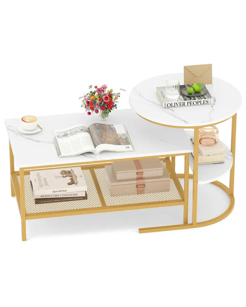 Coffee Table 2-Tier Rectangle Coffee Table and Side End Table with Storage Shelves-White and Golden - White & Golden