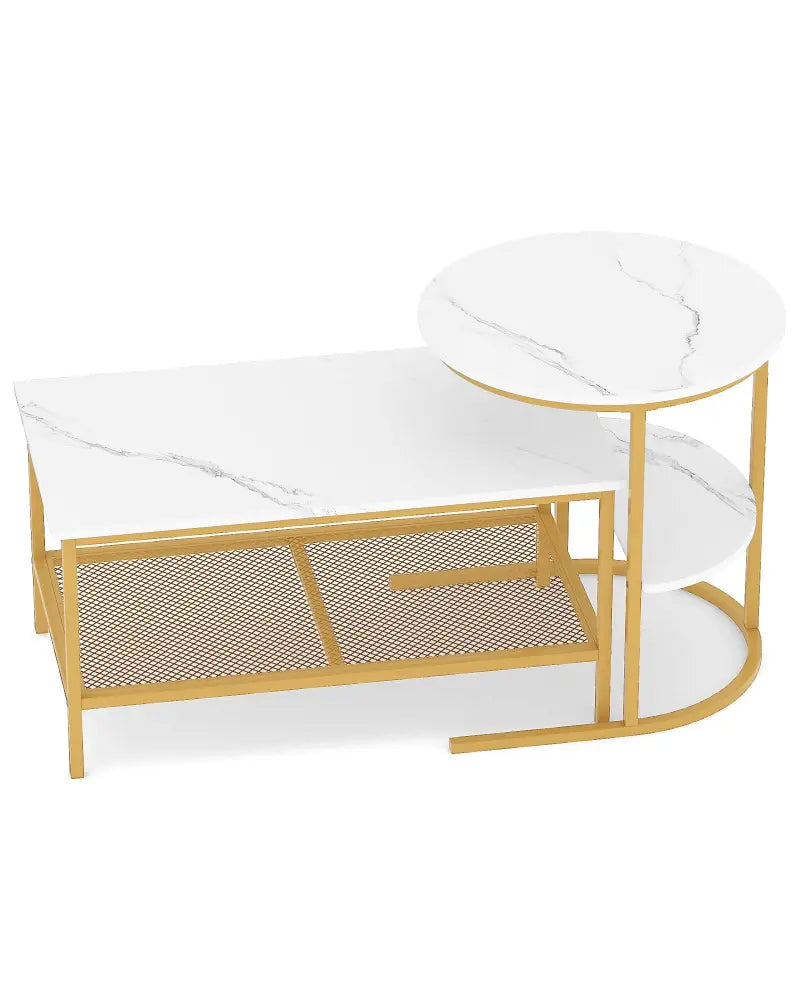 Coffee Table 2-Tier Rectangle Coffee Table and Side End Table with Storage Shelves-White and Golden - White & Golden