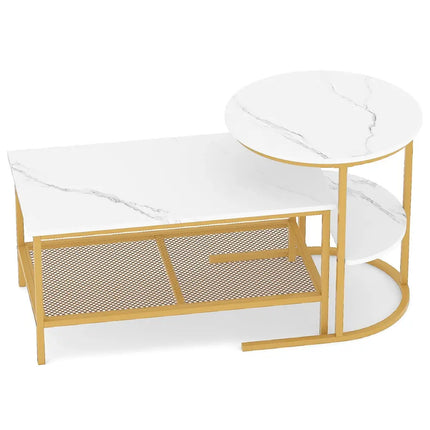 Coffee Table 2-Tier Rectangle Coffee Table and Side End Table with Storage Shelves-White and Golden - White & Golden