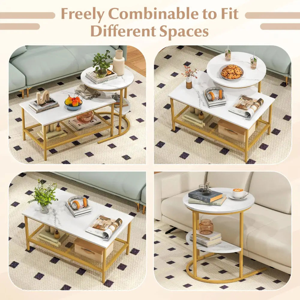 Coffee Table 2-Tier Rectangle Coffee Table and Side End Table with Storage Shelves-White and Golden - White & Golden