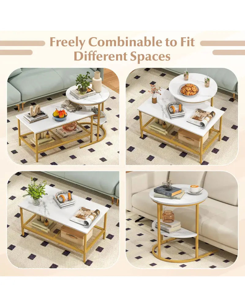 Coffee Table 2-Tier Rectangle Coffee Table and Side End Table with Storage Shelves-White and Golden - White & Golden