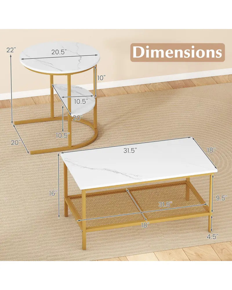Coffee Table 2-Tier Rectangle Coffee Table and Side End Table with Storage Shelves-White and Golden - White & Golden