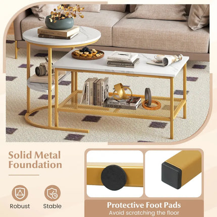 Coffee Table 2-Tier Rectangle Coffee Table and Side End Table with Storage Shelves-White and Golden - White & Golden