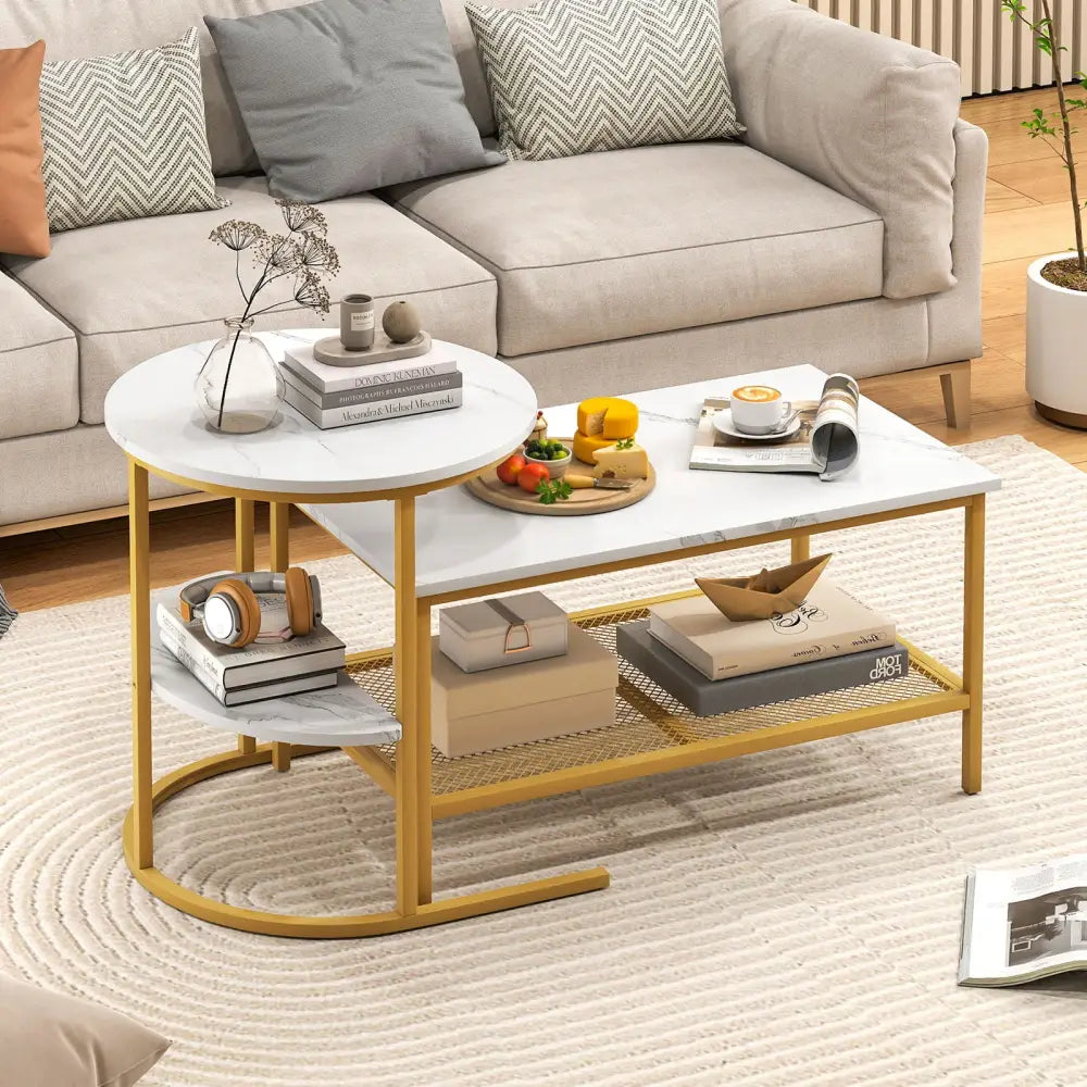 Coffee Table 2-Tier Rectangle Coffee Table and Side End Table with Storage Shelves-White and Golden - White & Golden