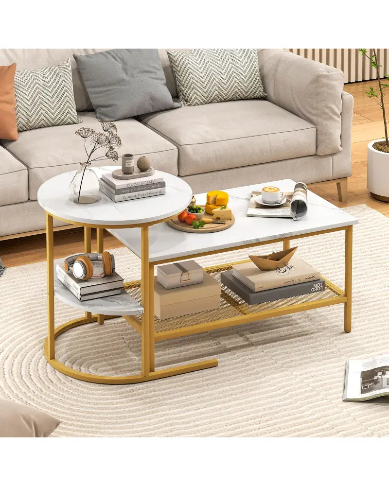 Coffee Table 2-Tier Rectangle Coffee Table and Side End Table with Storage Shelves-White and Golden - White & Golden