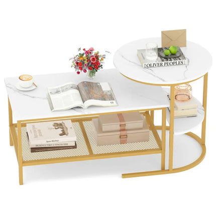 Coffee Table 2-Tier Rectangle Coffee Table and Side End Table with Storage Shelves-White and Golden - White & Golden