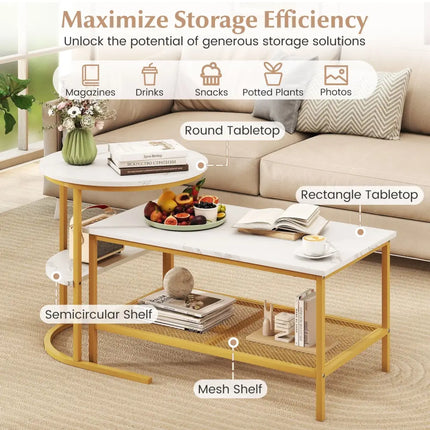 Coffee Table 2-Tier Rectangle Coffee Table and Side End Table with Storage Shelves-White and Golden - White & Golden