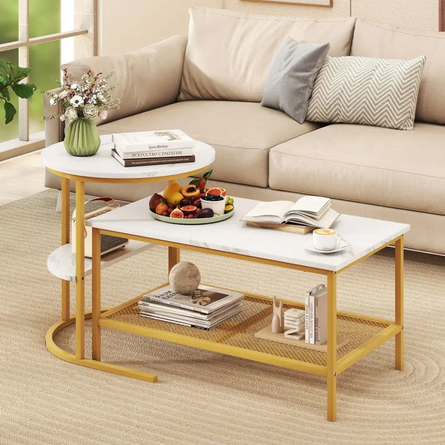 Coffee Table 2-Tier Rectangle Coffee Table and Side End Table with Storage Shelves-White and Golden - White & Golden