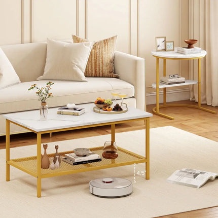 Coffee Table 2-Tier Rectangle Coffee Table and Side End Table with Storage Shelves-White and Golden - White & Golden
