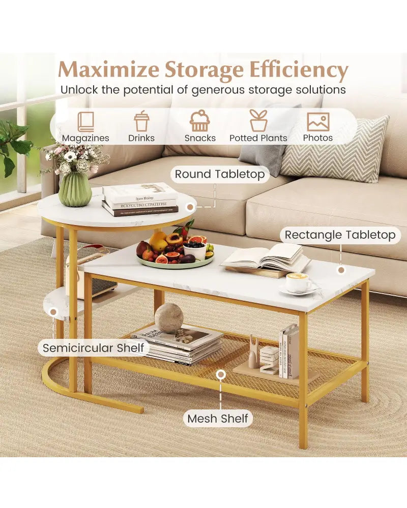 Coffee Table 2-Tier Rectangle Coffee Table and Side End Table with Storage Shelves-White and Golden - White & Golden