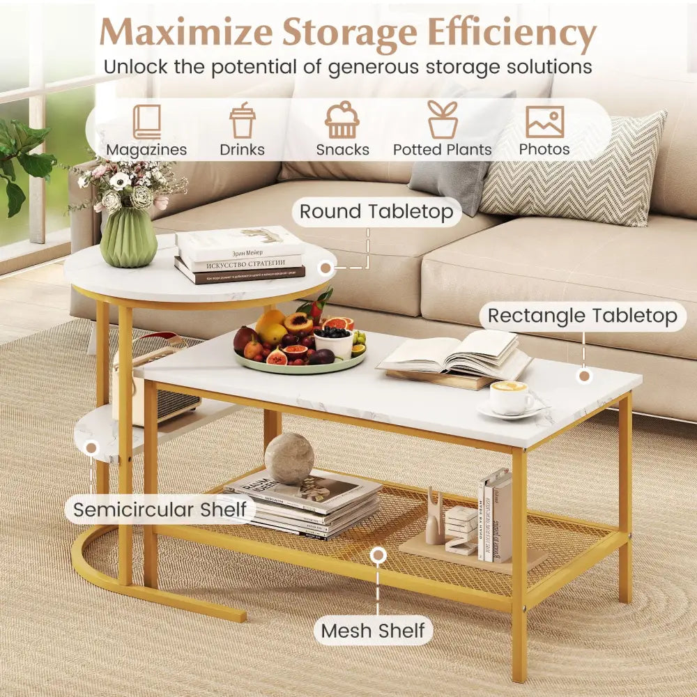 Coffee Table 2-Tier Rectangle Coffee Table and Side End Table with Storage Shelves-White and Golden - White & Golden