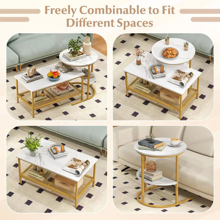 Coffee Table 2-Tier Rectangle Coffee Table and Side End Table with Storage Shelves-White and Golden - White & Golden