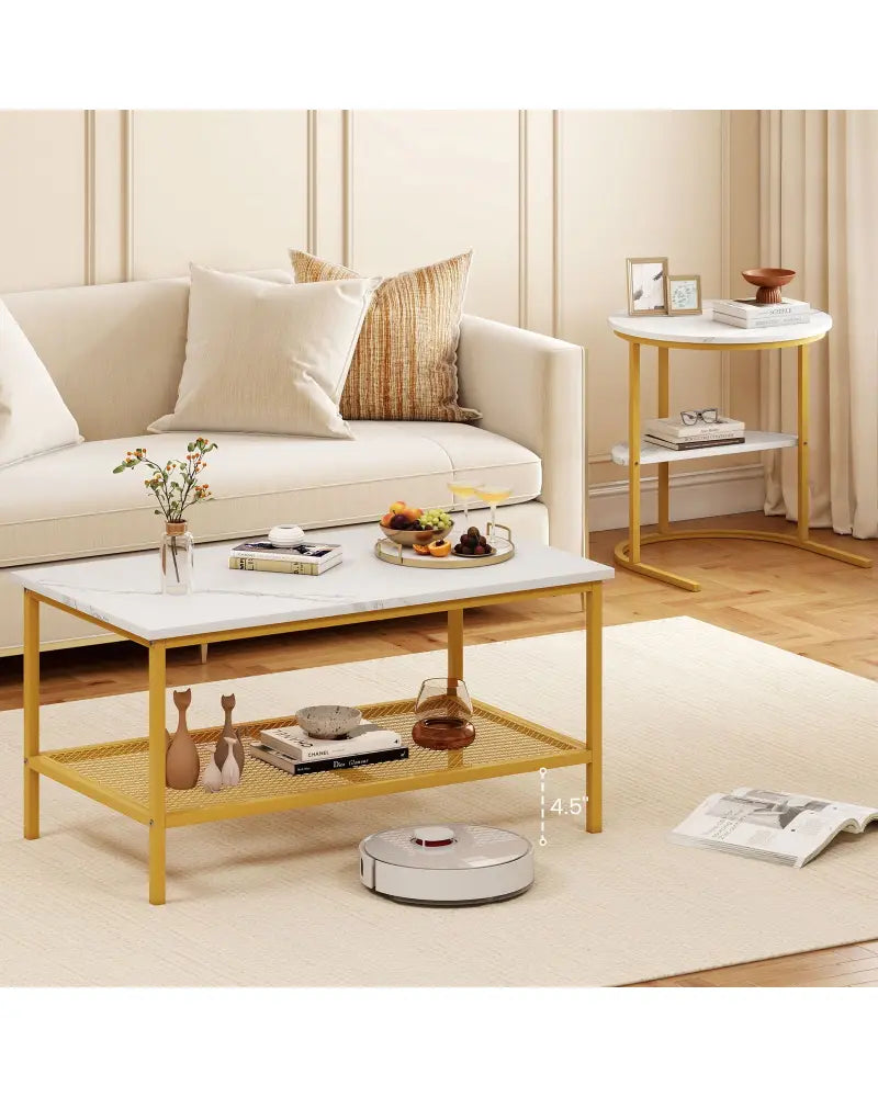 Coffee Table 2-Tier Rectangle Coffee Table and Side End Table with Storage Shelves-White and Golden - White & Golden