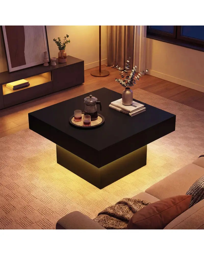 Coffee Table Accent Table with LED Lights and Dynamic Modes-Black - Black - Coffee Tables