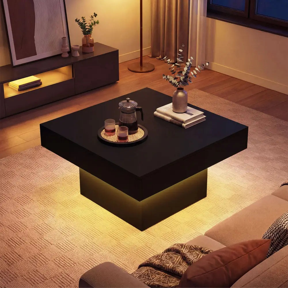Coffee Table Accent Table with LED Lights and Dynamic Modes-Black - Black - Coffee Tables