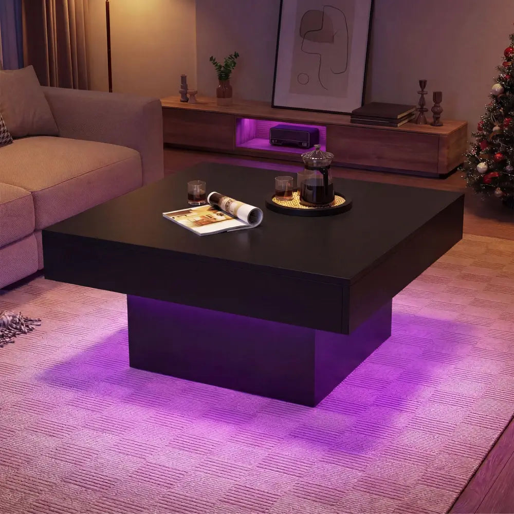 Coffee Table Accent Table with LED Lights and Dynamic Modes-Black - Black - Coffee Tables