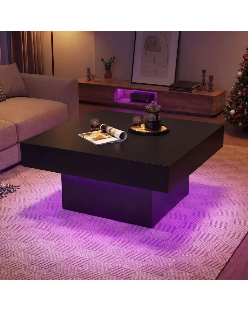 Coffee Table Accent Table with LED Lights and Dynamic Modes-Black - Black - Coffee Tables