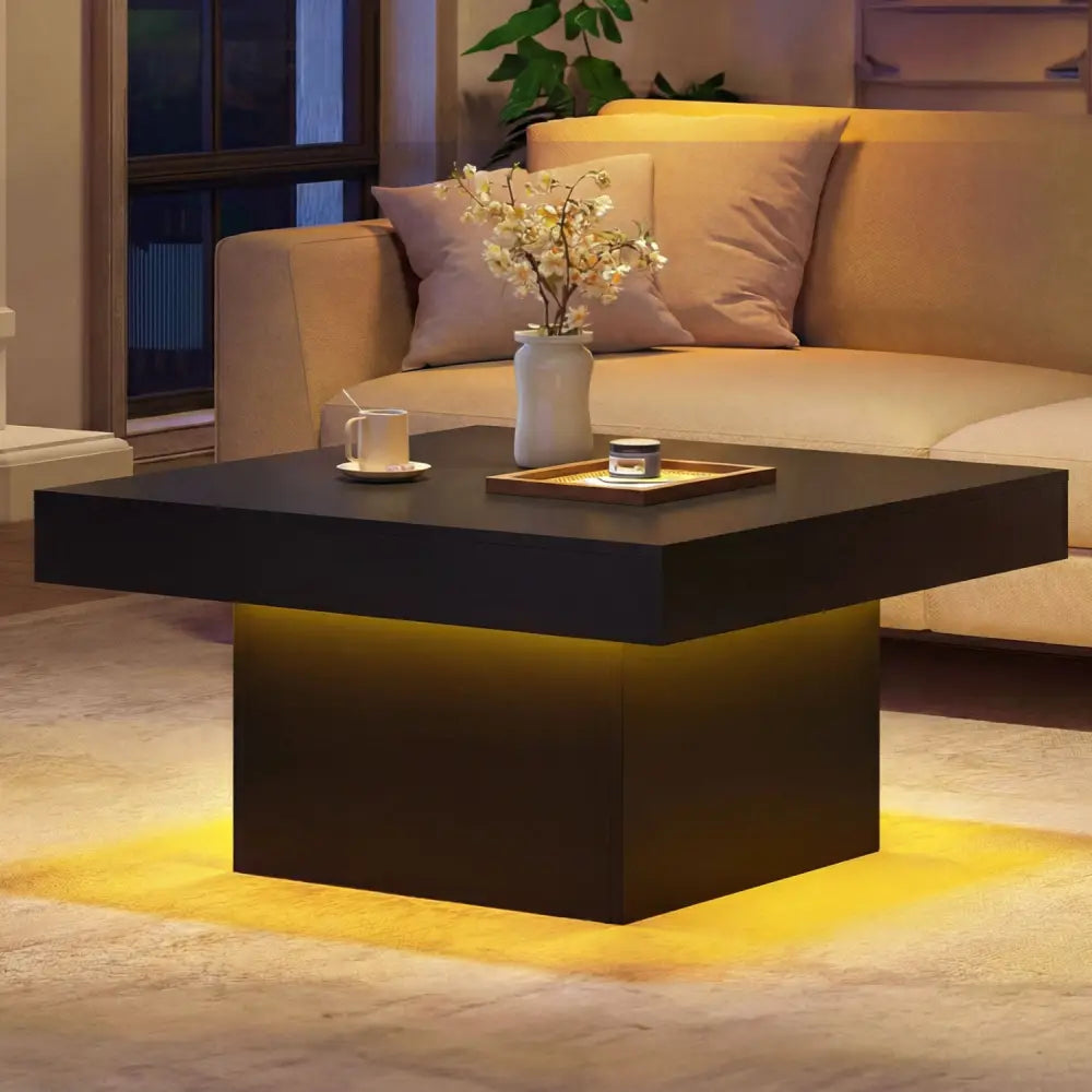 Coffee Table Accent Table with LED Lights and Dynamic Modes-Black - Black - Coffee Tables