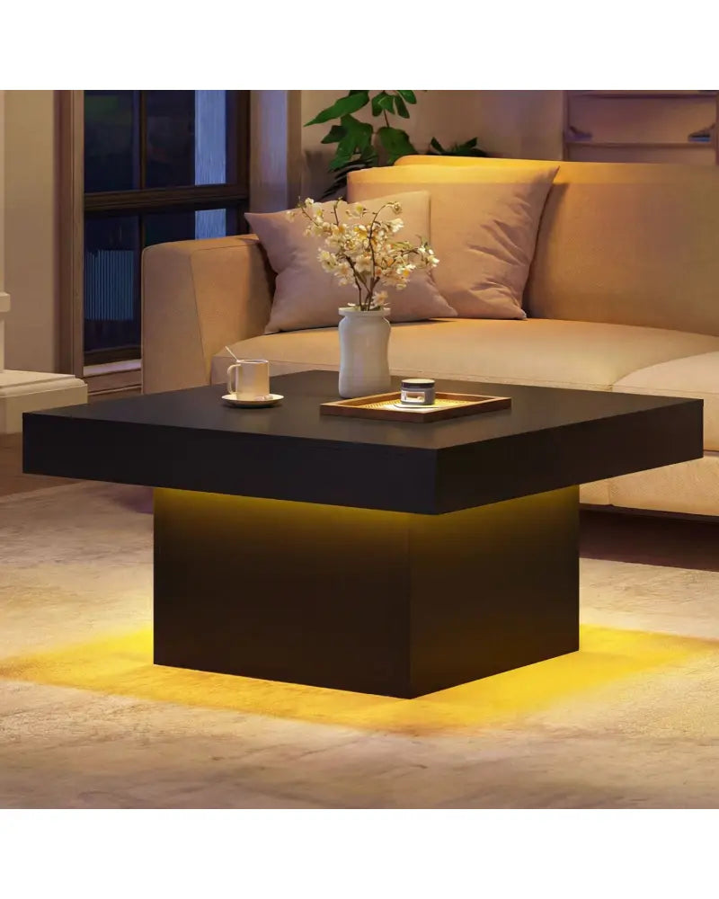 Coffee Table Accent Table with LED Lights and Dynamic Modes-Black - Black - Coffee Tables