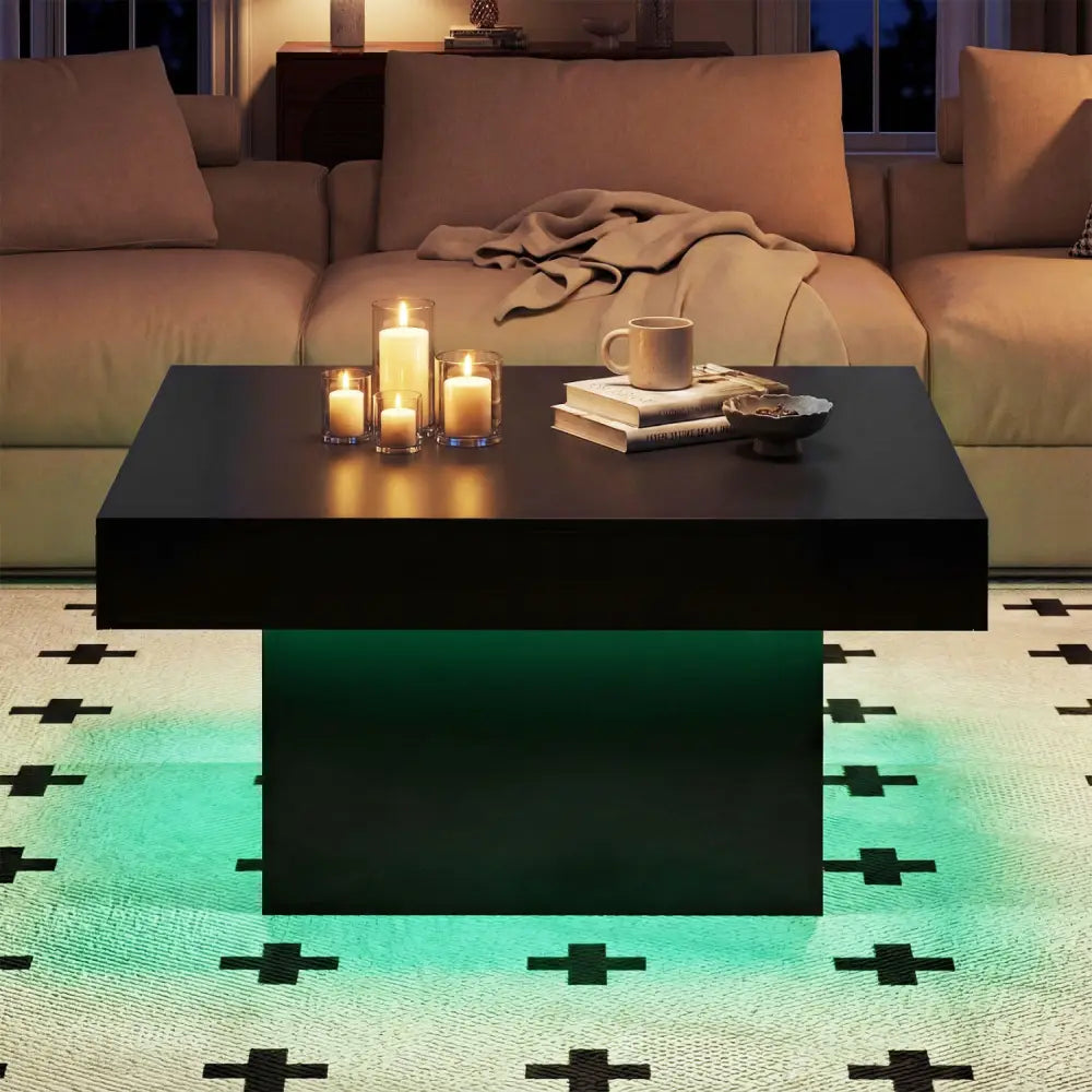 Coffee Table Accent Table with LED Lights and Dynamic Modes-Black - Black - Coffee Tables