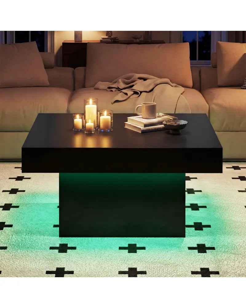 Coffee Table Accent Table with LED Lights and Dynamic Modes-Black - Black - Coffee Tables