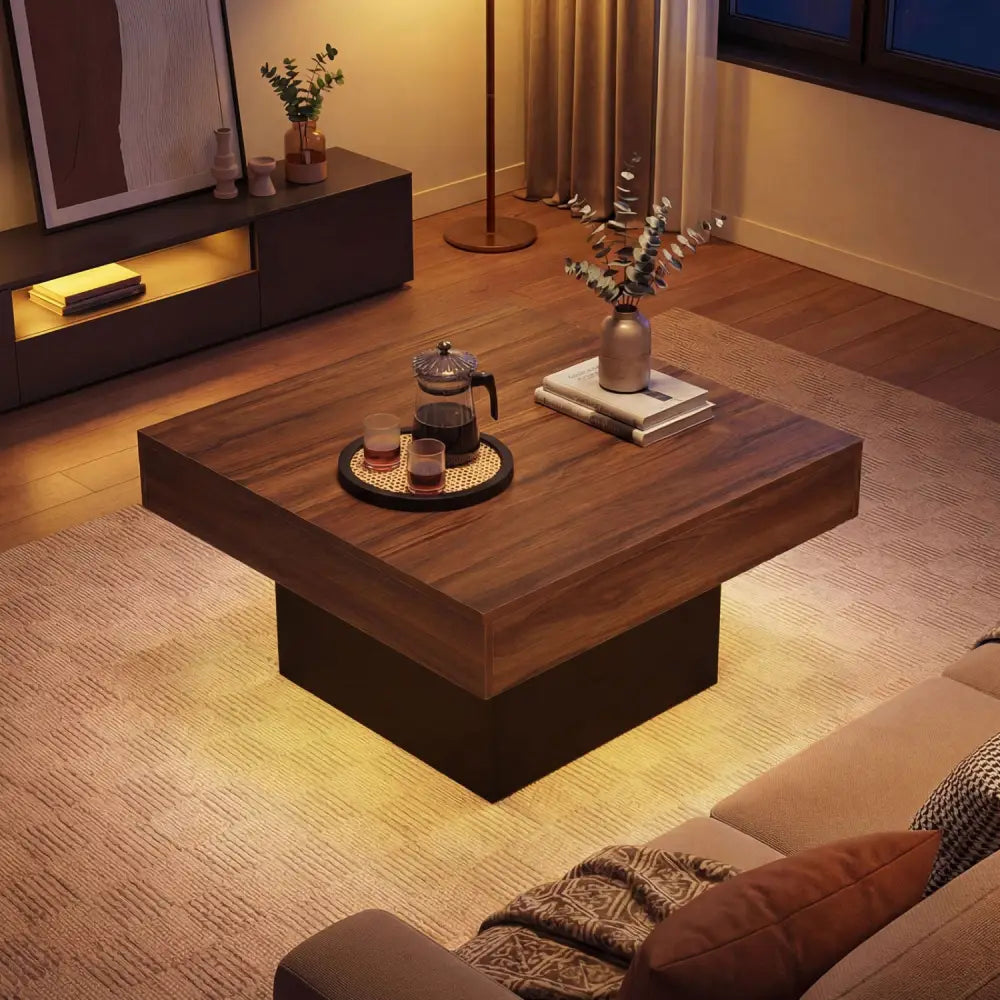Coffee Table Accent Table with LED Lights and Dynamic Modes-Rustic Brown - Rustic Brown - Coffee Tables