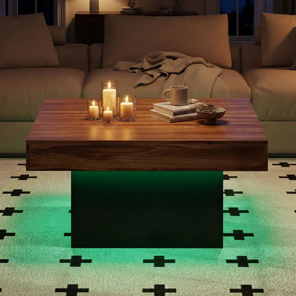 Coffee Table Accent Table with LED Lights and Dynamic Modes-Rustic Brown - Rustic Brown - Coffee Tables