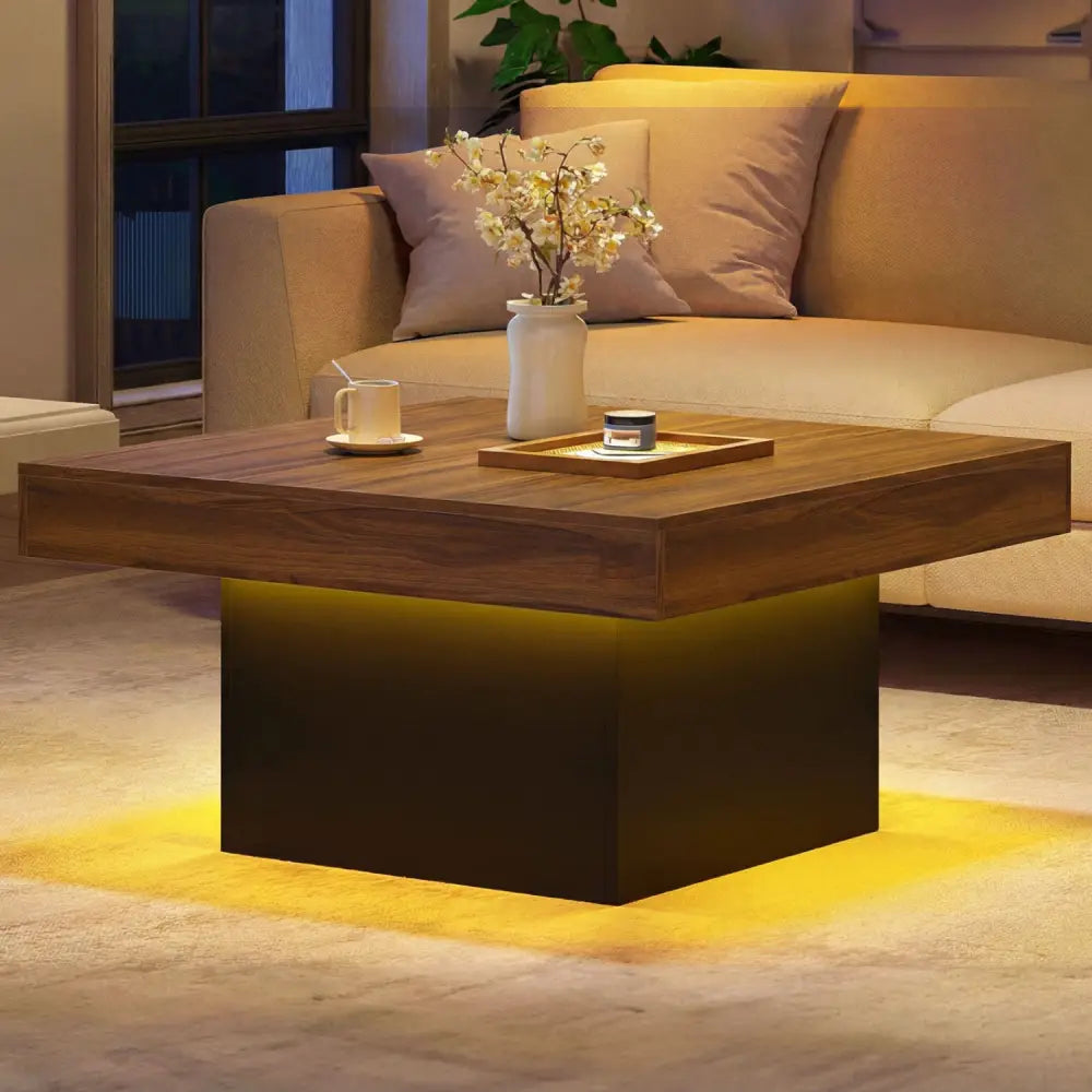 Coffee Table Accent Table with LED Lights and Dynamic Modes-Rustic Brown - Rustic Brown - Coffee Tables