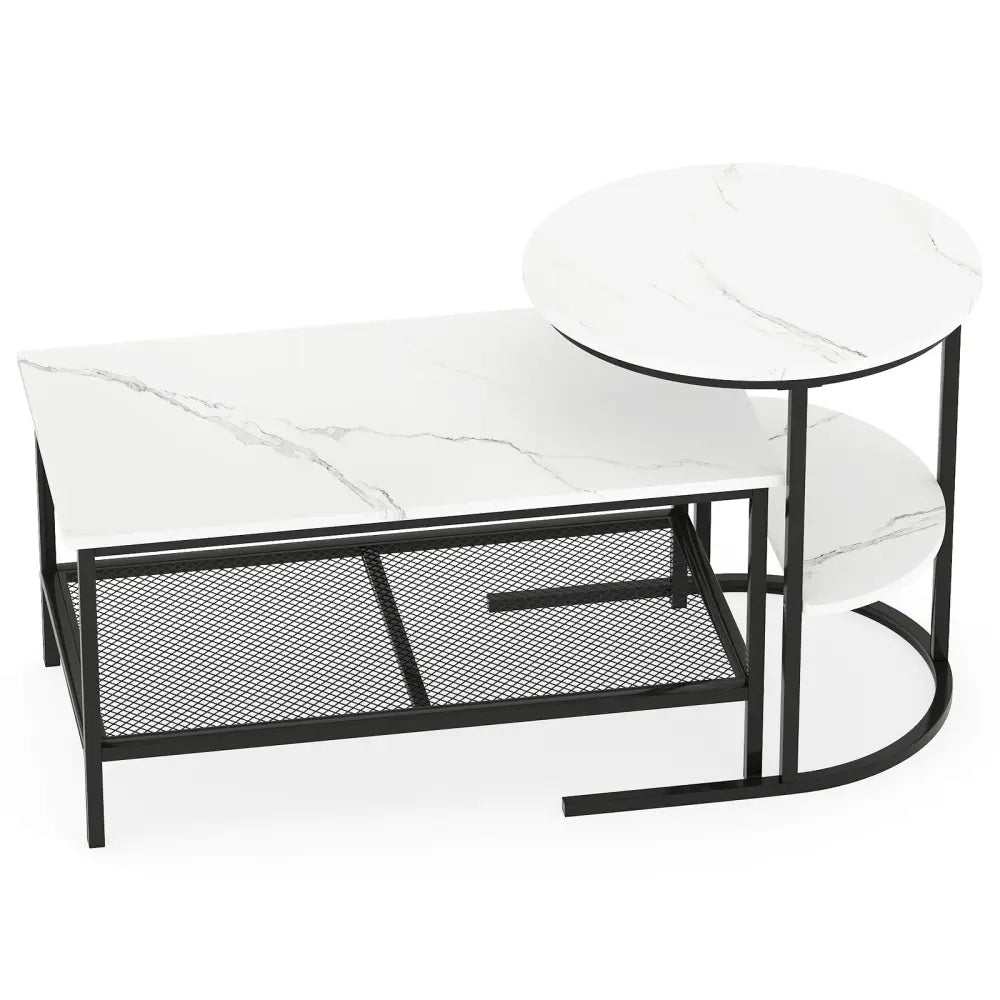 Coffee Table Set of 2 2-Tier Rectangle Coffee Table and Side End Table with Storage Shelves-White - White - Coffee