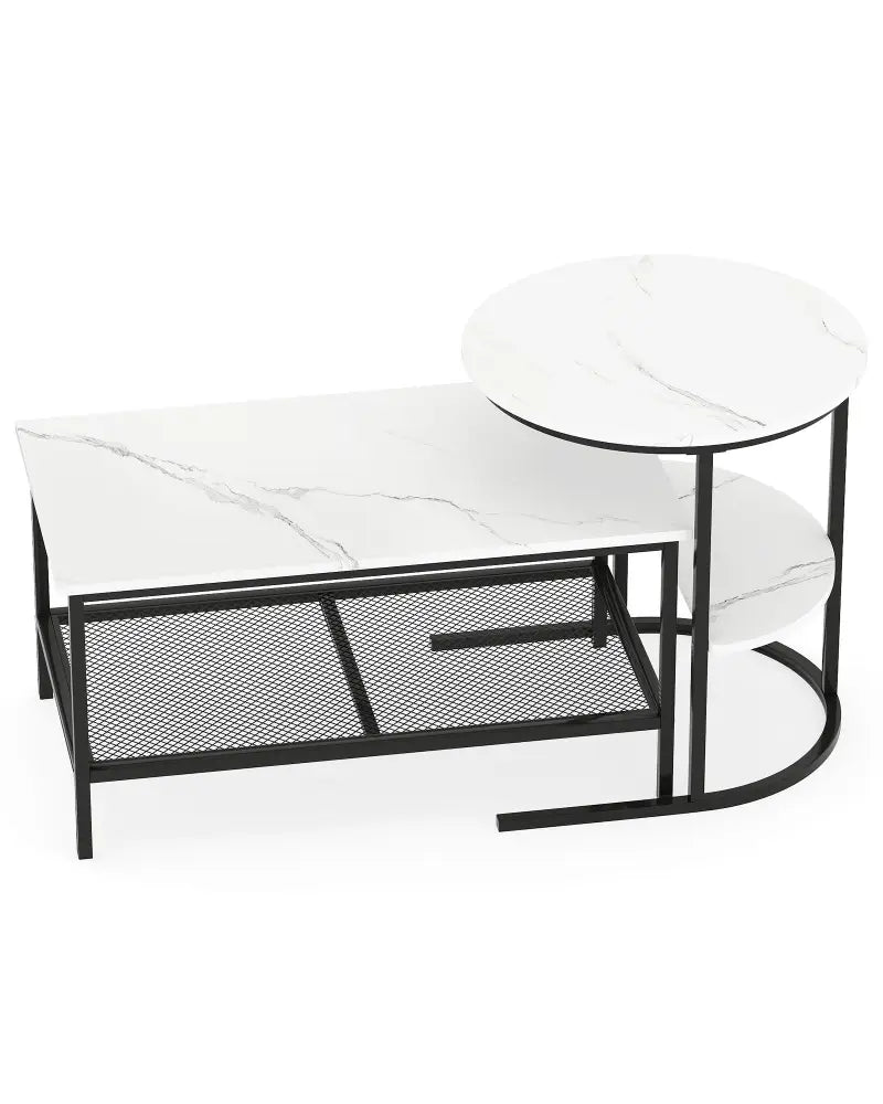 Coffee Table Set of 2 2-Tier Rectangle Coffee Table and Side End Table with Storage Shelves-White - White - Coffee