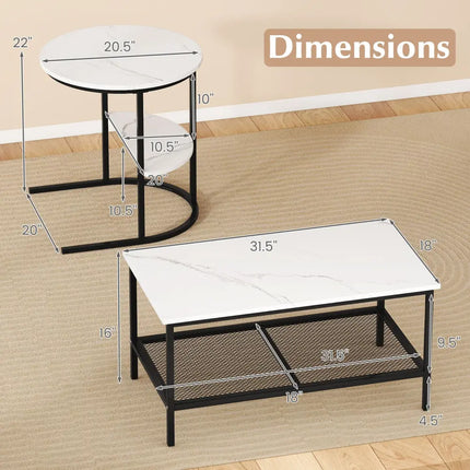 Coffee Table Set of 2 2-Tier Rectangle Coffee Table and Side End Table with Storage Shelves-White - White - Coffee