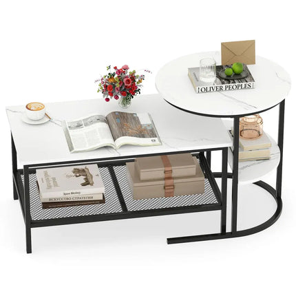 Coffee Table Set of 2 2-Tier Rectangle Coffee Table and Side End Table with Storage Shelves-White - White - Coffee