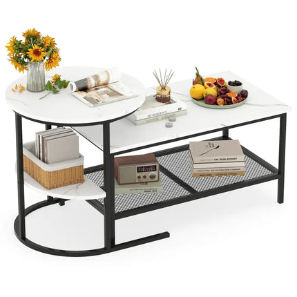 Coffee Table Set of 2 2-Tier Rectangle Coffee Table and Side End Table with Storage Shelves-White - White - Coffee
