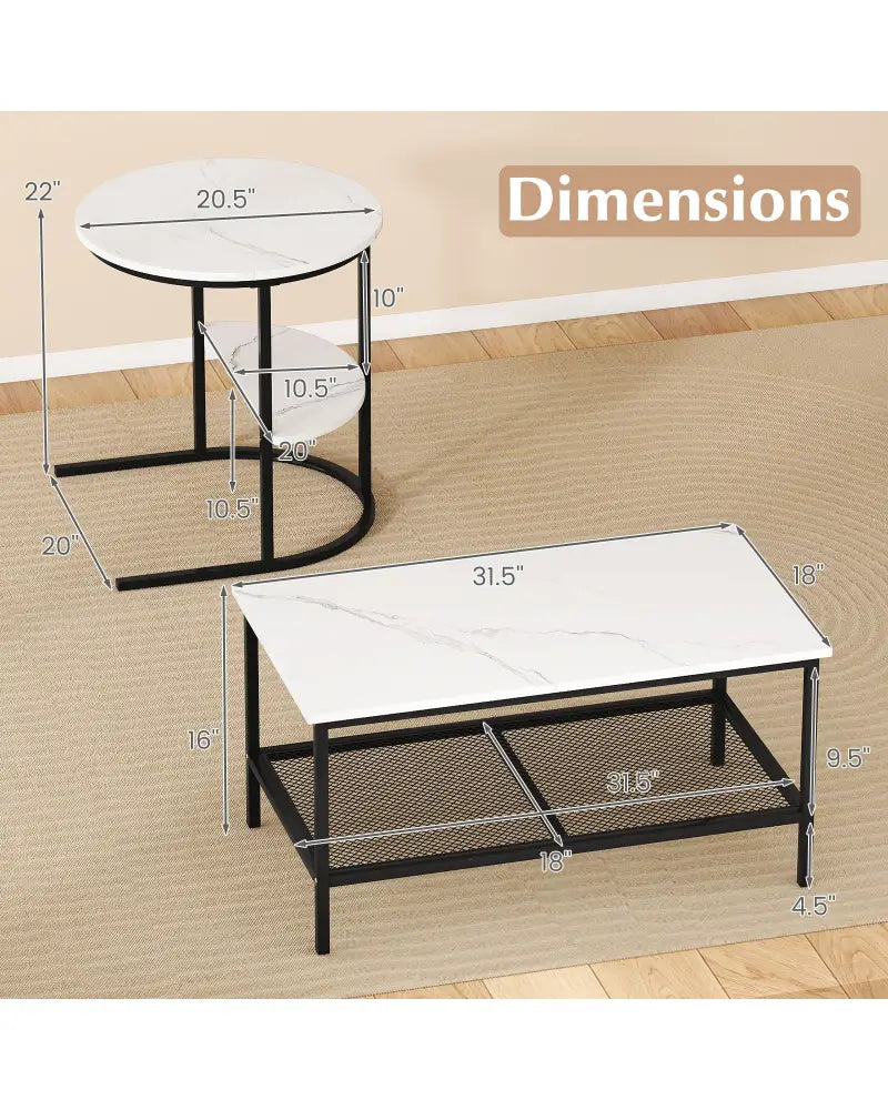 Coffee Table Set of 2 2-Tier Rectangle Coffee Table and Side End Table with Storage Shelves-White - White - Coffee