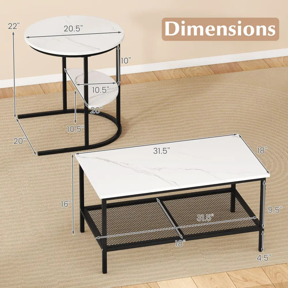 Coffee Table Set of 2 2-Tier Rectangle Coffee Table and Side End Table with Storage Shelves-White - White - Coffee