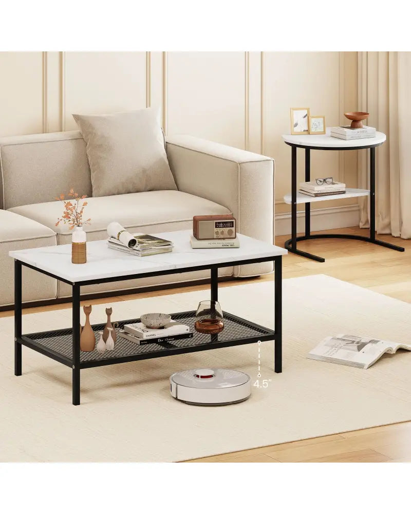 Coffee Table Set of 2 2-Tier Rectangle Coffee Table and Side End Table with Storage Shelves-White - White - Coffee