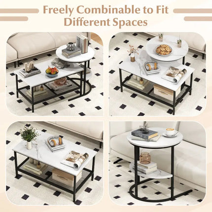 Coffee Table Set of 2 2-Tier Rectangle Coffee Table and Side End Table with Storage Shelves-White - White - Coffee