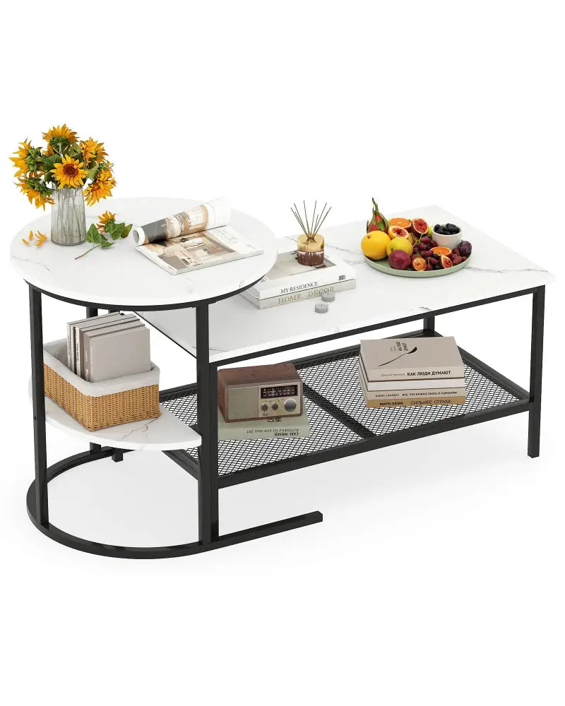 Coffee Table Set of 2 2-Tier Rectangle Coffee Table and Side End Table with Storage Shelves-White - White - Coffee