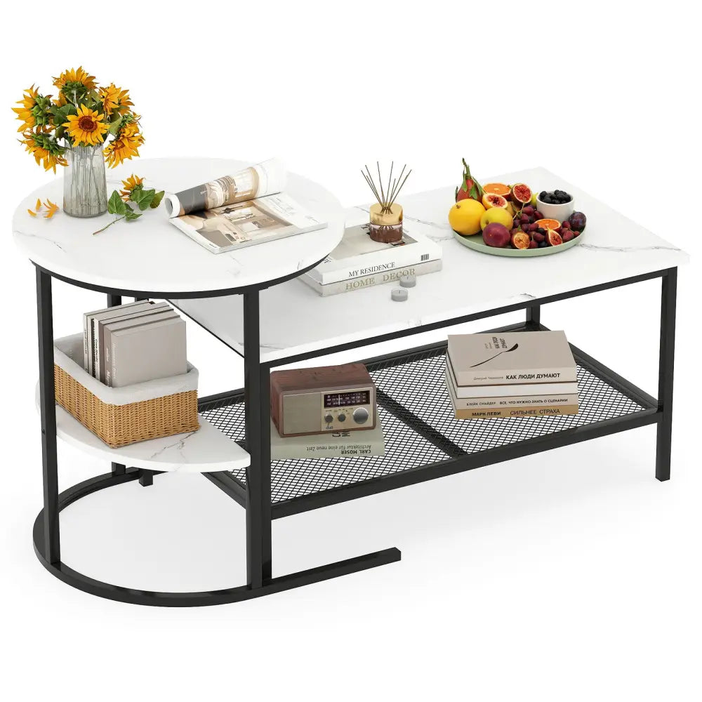Coffee Table Set of 2 2-Tier Rectangle Coffee Table and Side End Table with Storage Shelves-White - White - Coffee