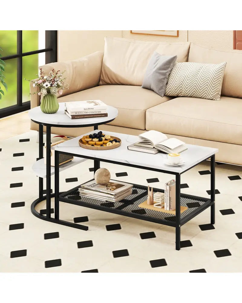 Coffee Table Set of 2 2-Tier Rectangle Coffee Table and Side End Table with Storage Shelves-White - White - Coffee