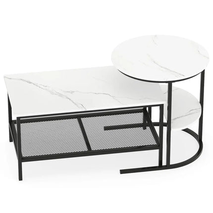 Coffee Table Set of 2 2-Tier Rectangle Coffee Table and Side End Table with Storage Shelves-White - White - Coffee
