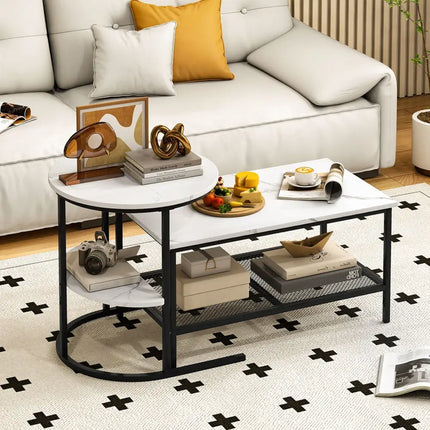 Coffee Table Set of 2 2-Tier Rectangle Coffee Table and Side End Table with Storage Shelves-White - White - Coffee